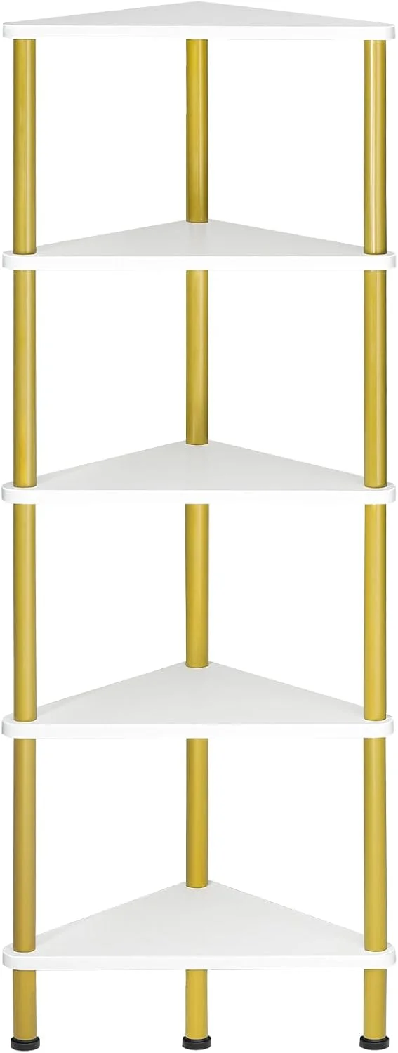 قفسه گوشه ای 5 طبقه HOOBRO، قفسه های گوشه ای ایستاده برای اتاق نشیمن، قفسه های گوشه ای طلایی، قفسه گوشه ای مدرن حمام، قفسه کتاب گوشه ای، سفید و طلایی EDW33CJ01