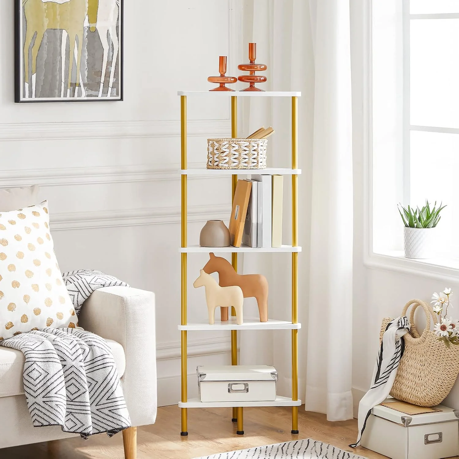 قفسه گوشه ای 5 طبقه HOOBRO، قفسه های گوشه ای ایستاده برای اتاق نشیمن، قفسه های گوشه ای طلایی، قفسه گوشه ای مدرن حمام، قفسه کتاب گوشه ای، سفید و طلایی EDW33CJ01