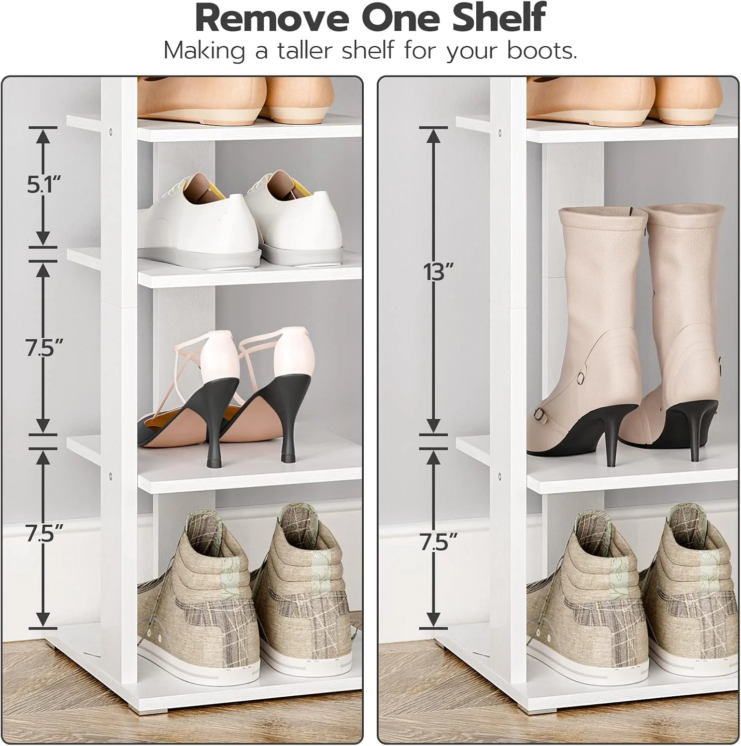 قفسه کفش عمودی HOOBRO برای ورودی، قفسه باریک 8 طبقه برای نگهداری کفش، قفسه کفش بلند با قلاب، استند کفش قابل انباشت برای راهرو، اتاق خواب، صرفه جویی در فضا، سفید EWT07XJ01G1