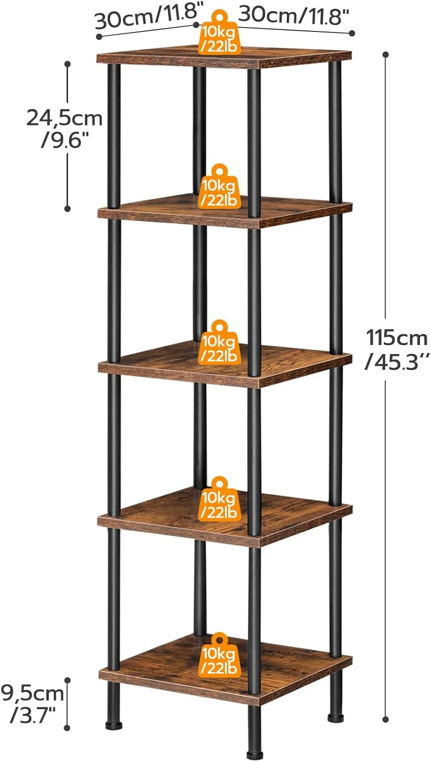 قفسه گوشه ای 5 طبقه هووبرو، قفسه گوشه ای برای اتاق نشیمن، قفسه ایستاده گوشه ای صنعتی، قفسه گوشه ای حمام، قفسه کتاب گوشه ای زمینی، قهوه ای روستایی و مشکی EBF50CJ01