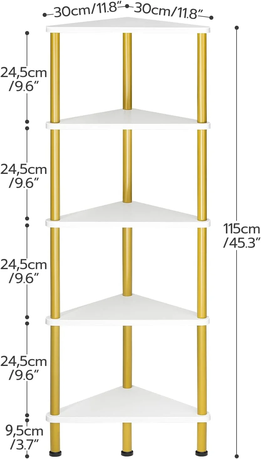 قفسه گوشه ای 5 طبقه HOOBRO، قفسه های گوشه ای ایستاده برای اتاق نشیمن، قفسه های گوشه ای طلایی، قفسه گوشه ای مدرن حمام، قفسه کتاب گوشه ای، سفید و طلایی EDW33CJ01