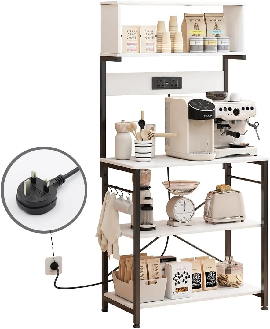 قفسه استند مایکروویو آشپزخانه Jantens، استند کافه تریا با جا لیوانی و پریز برق، قفسه بار قهوه استیل ضد زنگ برای خانه یا دفتر، سفید