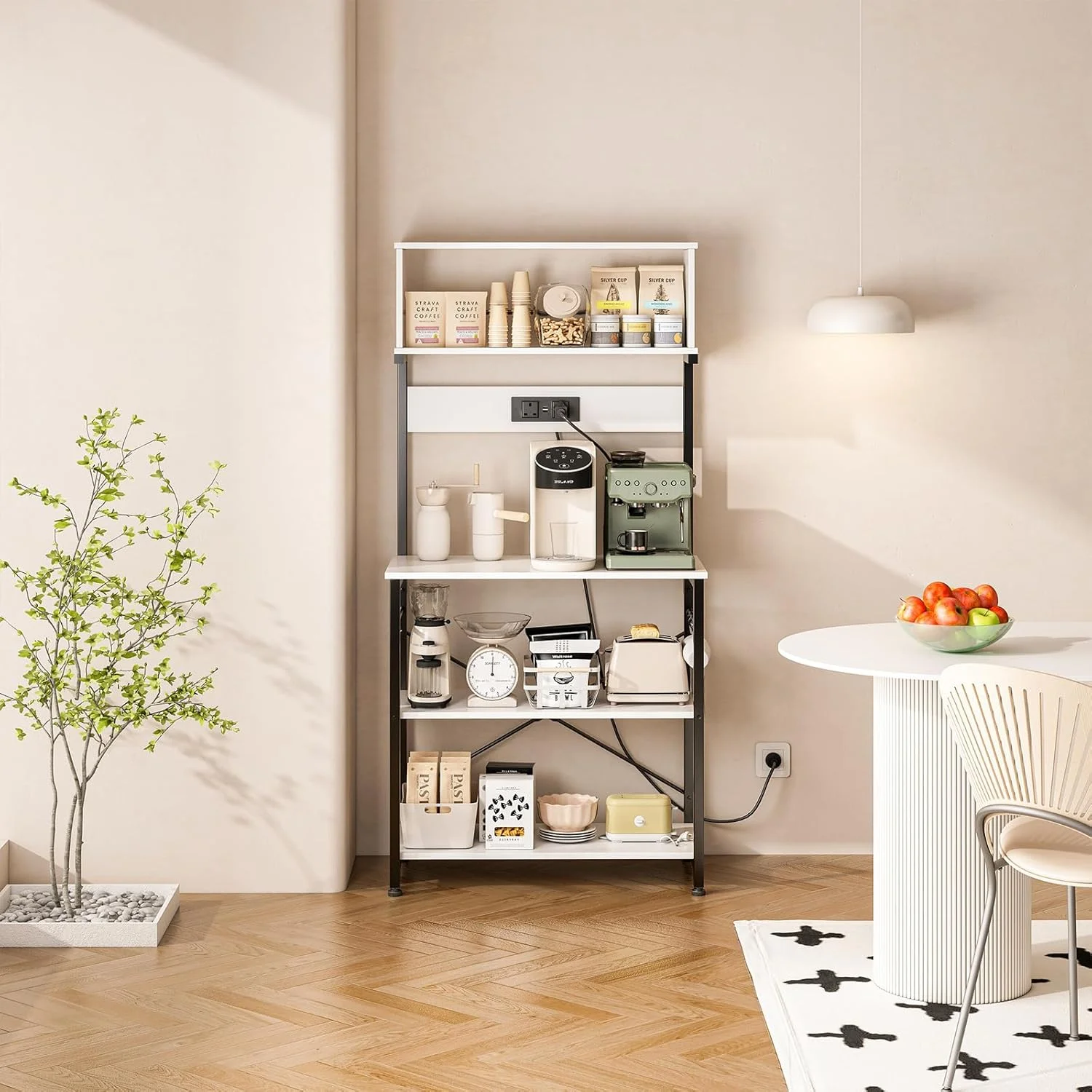 قفسه استند مایکروویو آشپزخانه Jantens، استند کافه تریا با جا لیوانی و پریز برق، قفسه بار قهوه استیل ضد زنگ برای خانه یا دفتر، سفید