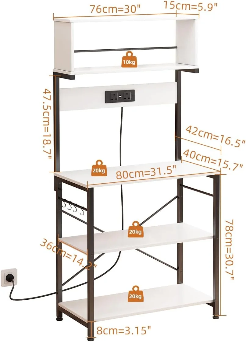 قفسه استند مایکروویو آشپزخانه Jantens، استند کافه تریا با جا لیوانی و پریز برق، قفسه بار قهوه استیل ضد زنگ برای خانه یا دفتر، سفید