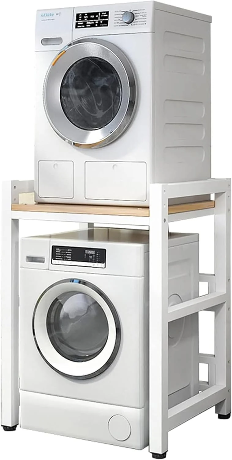 پایه ماشین لباسشویی و خشک کن با ارتفاع قابل تنظیم، کیت انباشته قابل حمل برای ماشین لباسشویی درب جلو و خشک کن، قفسه ذخیره سازی بالای ماشین لباسشویی، واحد ذخیره سازی، ظرفیت بار 300 کیلوگرم، قاب مشکی سفید