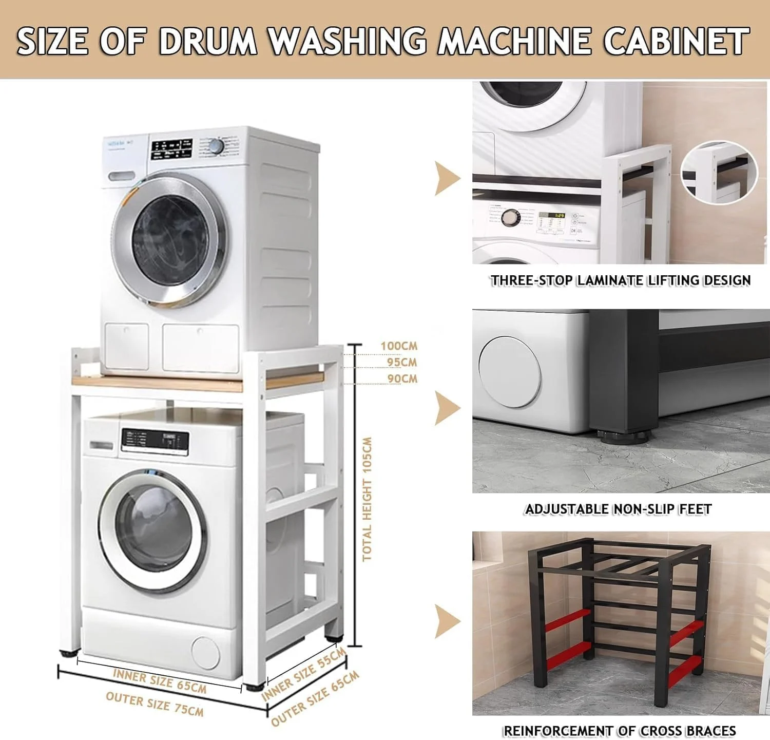 پایه ماشین لباسشویی و خشک کن با ارتفاع قابل تنظیم، کیت انباشته قابل حمل برای ماشین لباسشویی درب جلو و خشک کن، قفسه ذخیره سازی بالای ماشین لباسشویی، واحد ذخیره سازی، ظرفیت بار 300 کیلوگرم، قاب مشکی سفید
