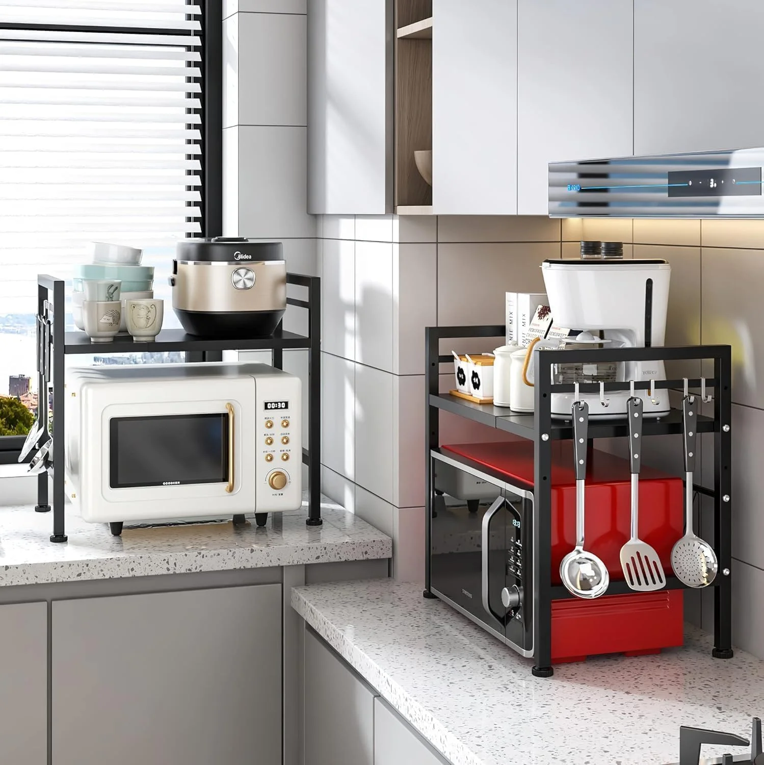 قفسه مایکروویو OYDAS با ۶ قلاب، قفسه مایکروویو ۲ طبقه قابل گسترش، قفسه سنگین برای میز آشپزخانه و سازماندهی روی کابینت (۲ طبقه)