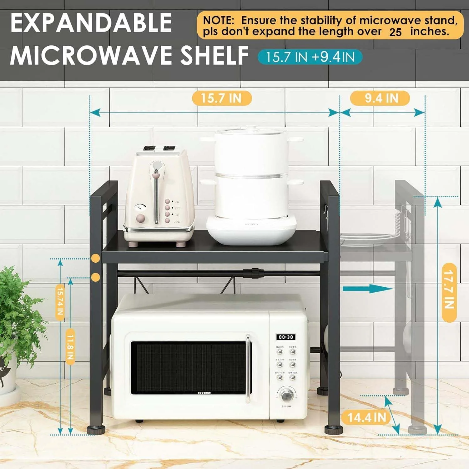 قفسه مایکروویو OYDAS با ۶ قلاب، قفسه مایکروویو ۲ طبقه قابل گسترش، قفسه سنگین برای میز آشپزخانه و سازماندهی روی کابینت (۲ طبقه)