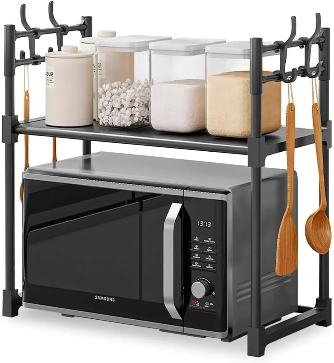 ارگانایزر قفسه آشپزخانه بالای مایکروویو، قفسه ذخیره سازی رومیزی 2 طبقه با 4 قلاب دوتایی، مونتاژ آسان بدون نیاز به دریل، مقاوم در برابر آب، پایه صرفه جویی در فضا برای توستر، سرخ کن هوا، قهوه ساز (2 طبقه)