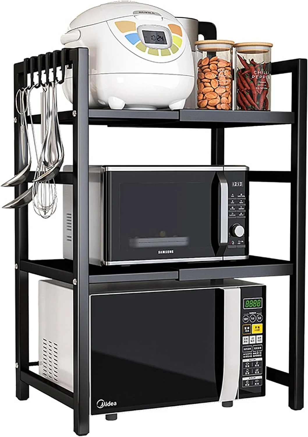 استند مایکروویو دو طبقه برای آشپزخانه، استند قابل گسترش مایکروویو برای روی کابینت، قفسه های آشپزخانه مایکروویو و توستر، مشکی