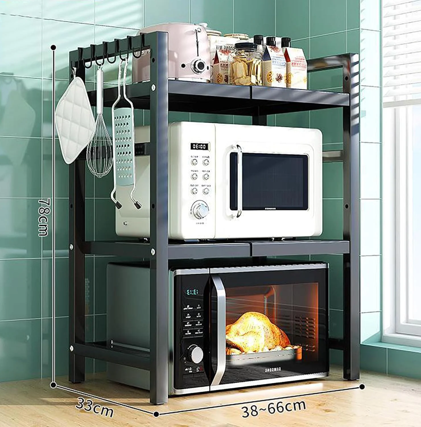 استند مایکروویو دو طبقه برای آشپزخانه، استند قابل گسترش مایکروویو برای روی کابینت، قفسه های آشپزخانه مایکروویو و توستر، مشکی