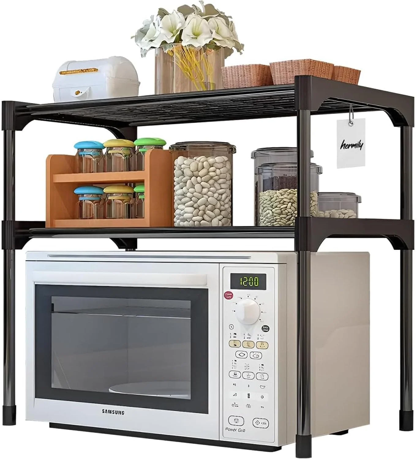 قفسه مایکروویو، قفسه رومیزی آشپزخانه 2 طبقه با سبدهای ذخیره سازی قابل جابجایی، پایه مایکروویو فلزی بادوام، سازمان دهنده رومیزی صرفه جویی در فضا برای مایکروویو، ادویه جات (مشکی)