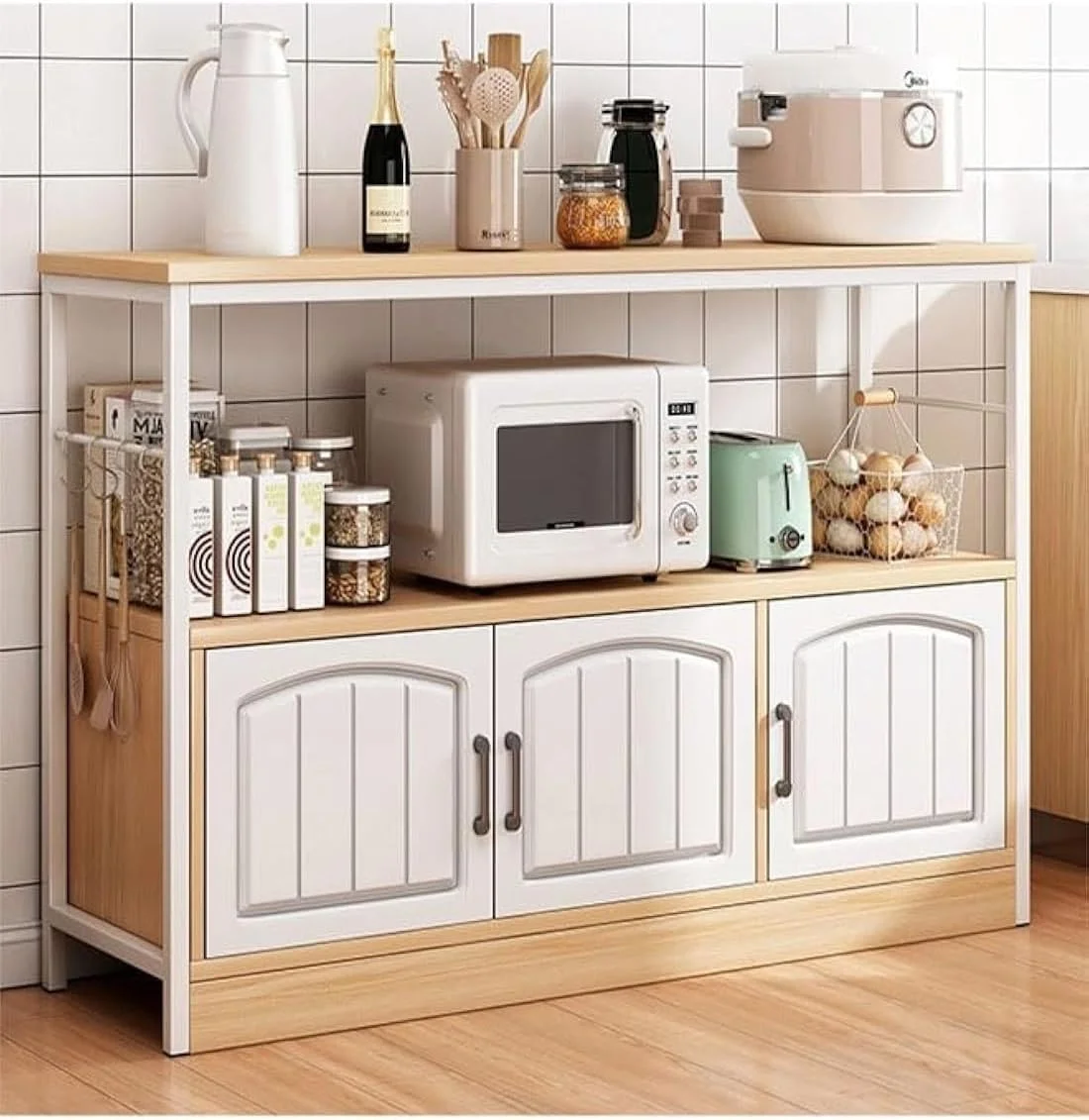 قفسه آشپزخانه دو طبقه NKX، استند مایکروویو و قفسه سازمان دهنده ادویه با کابینت ذخیره سازی 3 درب، قفسه ذخیره سازی بزرگ، KITCHENRACK51