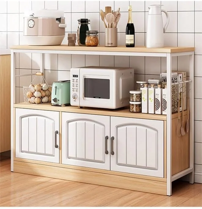 قفسه آشپزخانه دو طبقه NKX، استند مایکروویو و قفسه سازمان دهنده ادویه با کابینت ذخیره سازی 3 درب، قفسه ذخیره سازی بزرگ، KITCHENRACK51