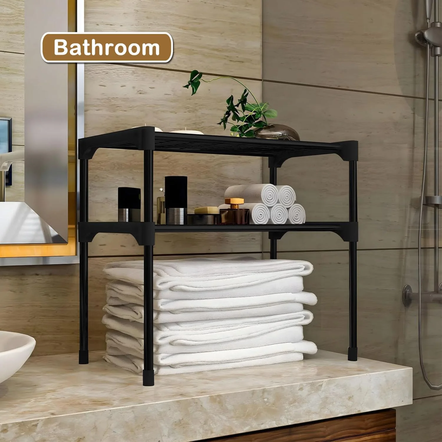 قفسه مایکروویو، قفسه رومیزی آشپزخانه 2 طبقه با سبدهای ذخیره سازی قابل جابجایی، پایه مایکروویو فلزی بادوام، سازمان دهنده رومیزی صرفه جویی در فضا برای مایکروویو، ادویه جات (مشکی)