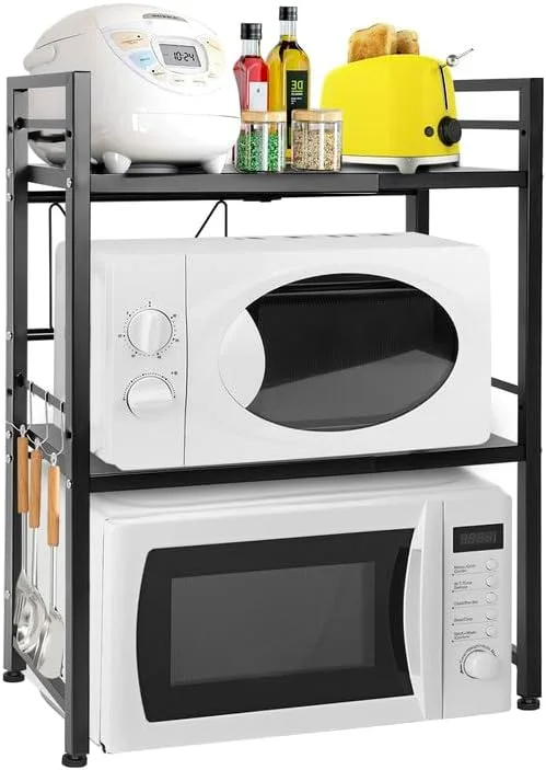 قفسه مایکروویو برای آشپزخانه، استند مایکروویو با 3 قلاب، قفسه مایکروویو با قابلیت گسترش افقی، قفسه قابل تنظیم برای نگهداری اجاق توستر و پلوپز - مشکی قفسه مایکروویو برای آشپزخانه، استند مایکروویو با 3 قلاب، قفسه مایکروویو با قابلیت گسترش افقی، قفسه قابل تنظیم برای نگهداری اجاق توستر و پلوپز - مشکی