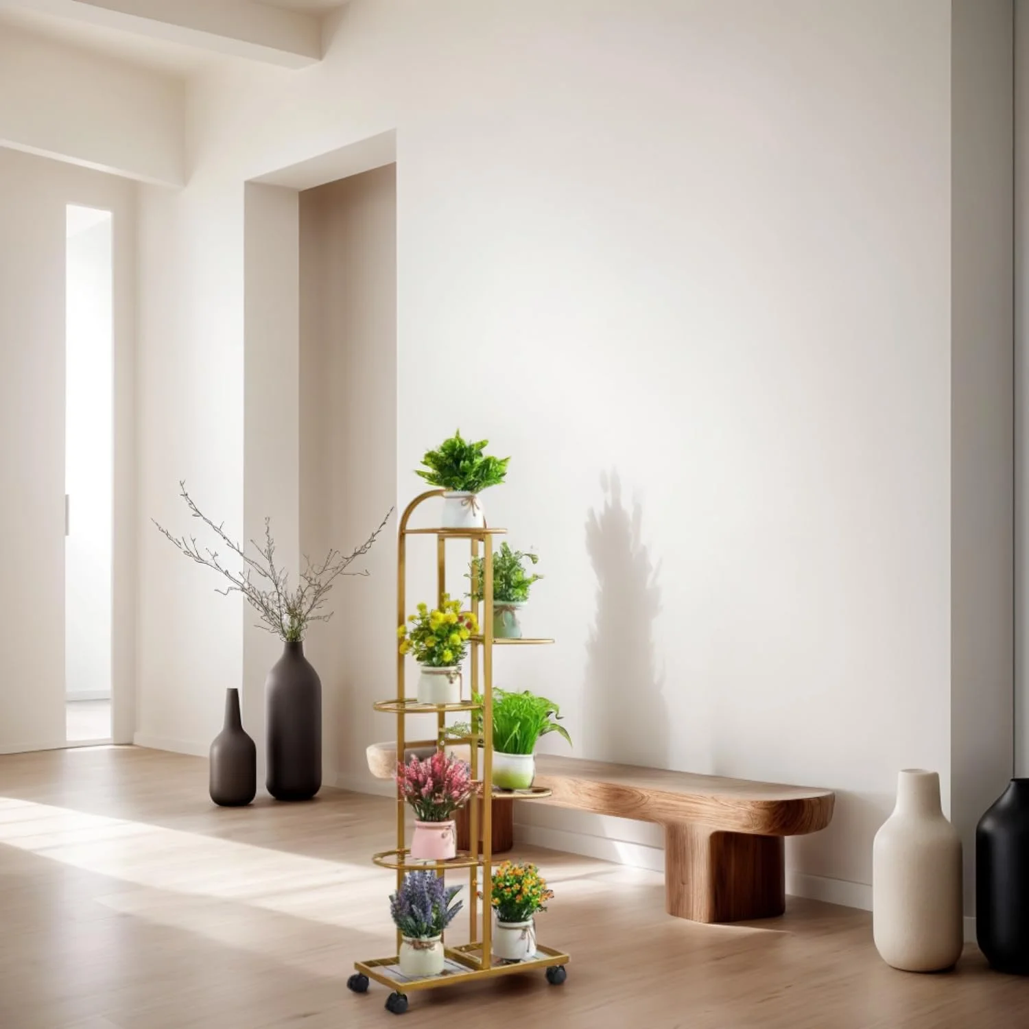 استند گل فلزی 6 طبقه SKY-TOUCH با چرخ های متحرک - قفسه گل بلند 118 سانتی متری، سازمان دهنده و قفسه نمایش گیاهان داخلی/خارجی برای باغ، پاسیو یا اتاق نشیمن، طلایی، 47*118 سانتی متر