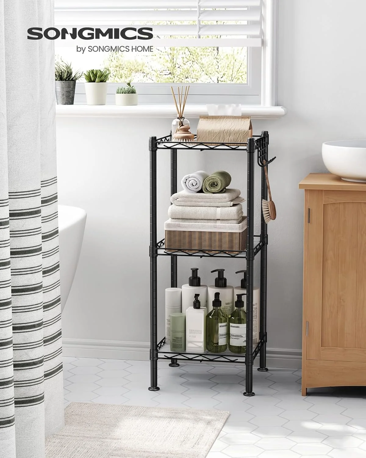 قفسه حمام 3 طبقه SONGMICS، قفسه ذخیره سازی برای فضای کوچک، با 3 لاینر قفسه PP، قلاب قابل جابجایی، طراحی قابل افزایش، مشکی جوهری و شفاف ULGR103B01 قفسه حمام 3 طبقه SONGMICS، قفسه ذخیره سازی برای فضای کوچک، با 3 لاینر قفسه PP، قلاب قابل جابجایی، طراحی قابل افزایش، مشکی جوهری و شفاف ULGR103B01