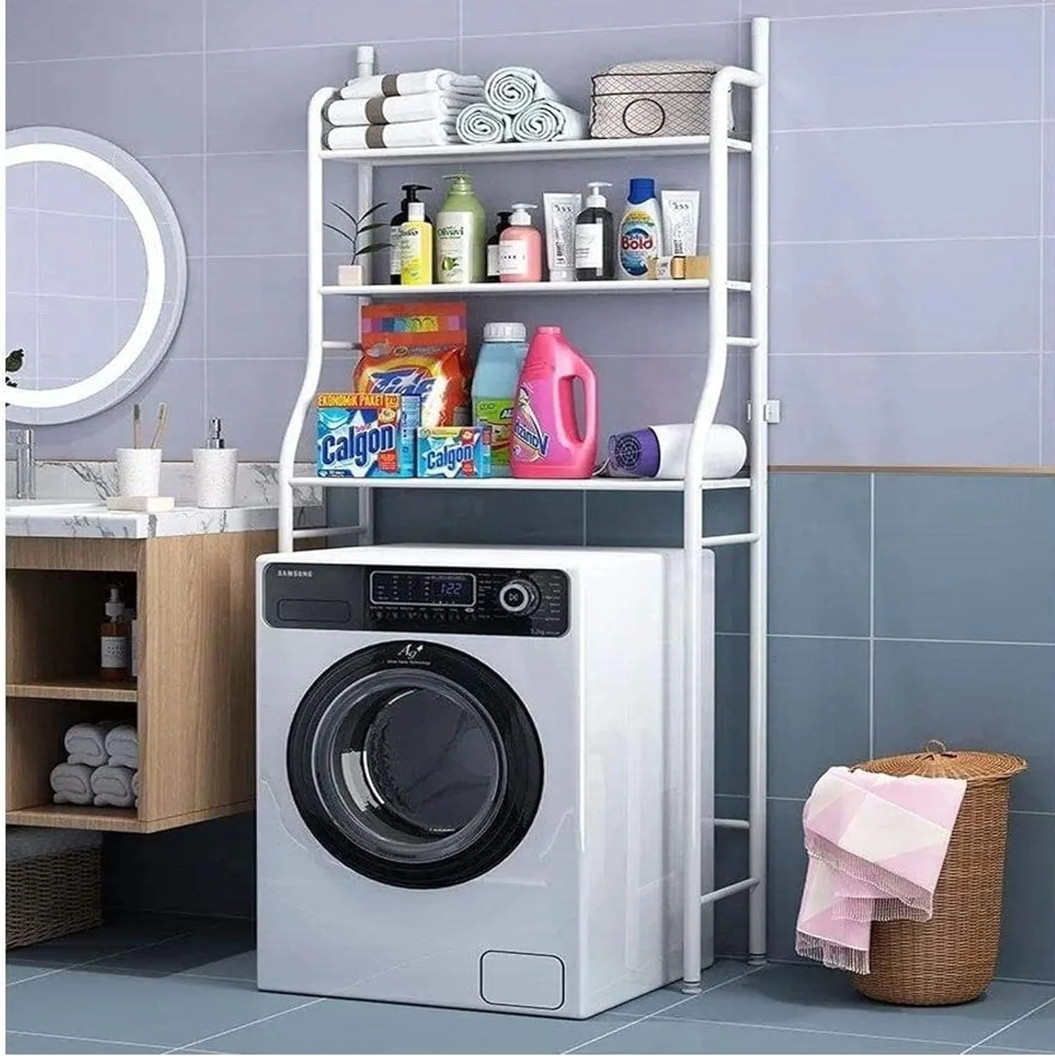 قفسه سه طبقه ذخیره فضا برای حمام | پایه گوشه ای بالای توالت | سازمان دهنده ذخیره سازی برای ماشین لباسشویی و حمام | 152x47x25 سانتی متر | سفید (3 طبقه)