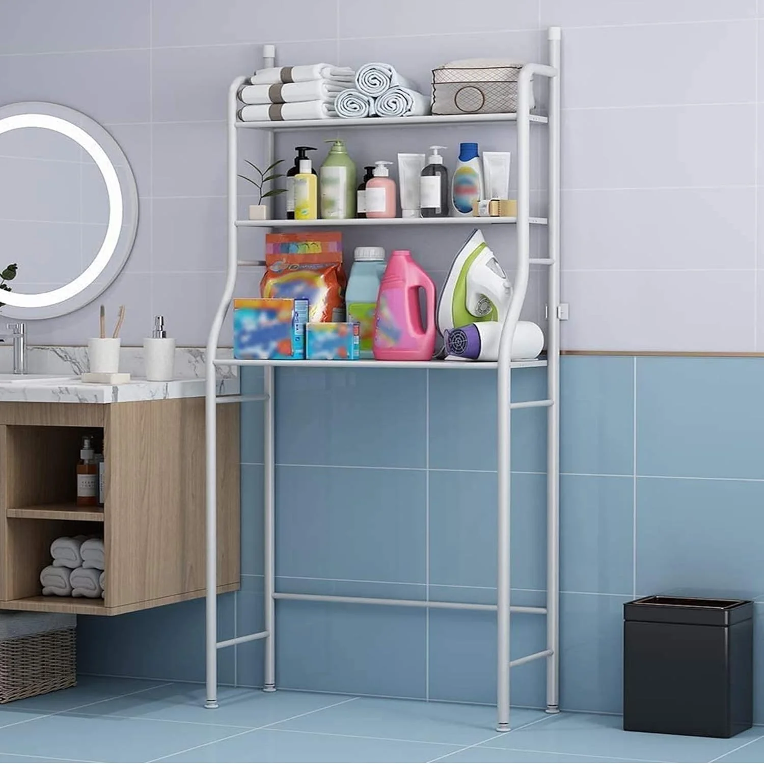 قفسه سه طبقه ذخیره فضا برای حمام | پایه گوشه ای بالای توالت | سازمان دهنده ذخیره سازی برای ماشین لباسشویی و حمام | 152x47x25 سانتی متر | سفید (3 طبقه)