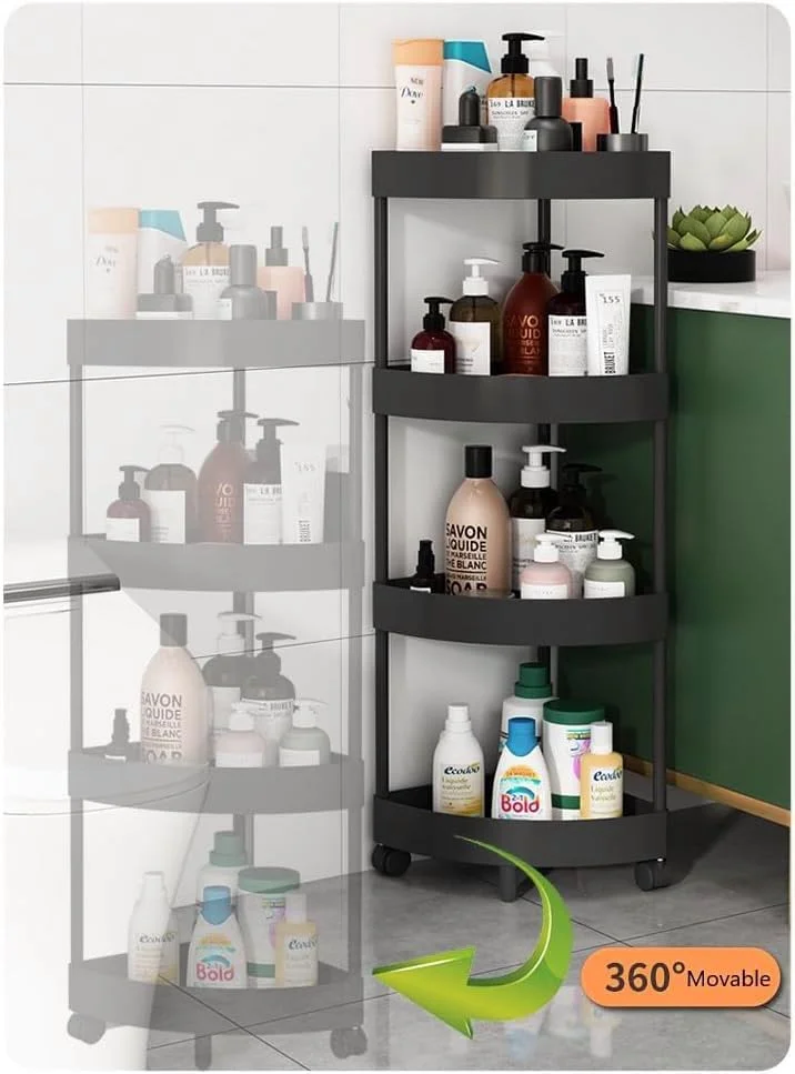 قفسه حمام گوشه ای 5 طبقه، قفسه چرخشی با چرخ، قفسه بزرگ ایستاده برای نگهداری لوازم حمام، مناسب برای دکوراسیون منزل، حمام و آشپزخانه (سفید)