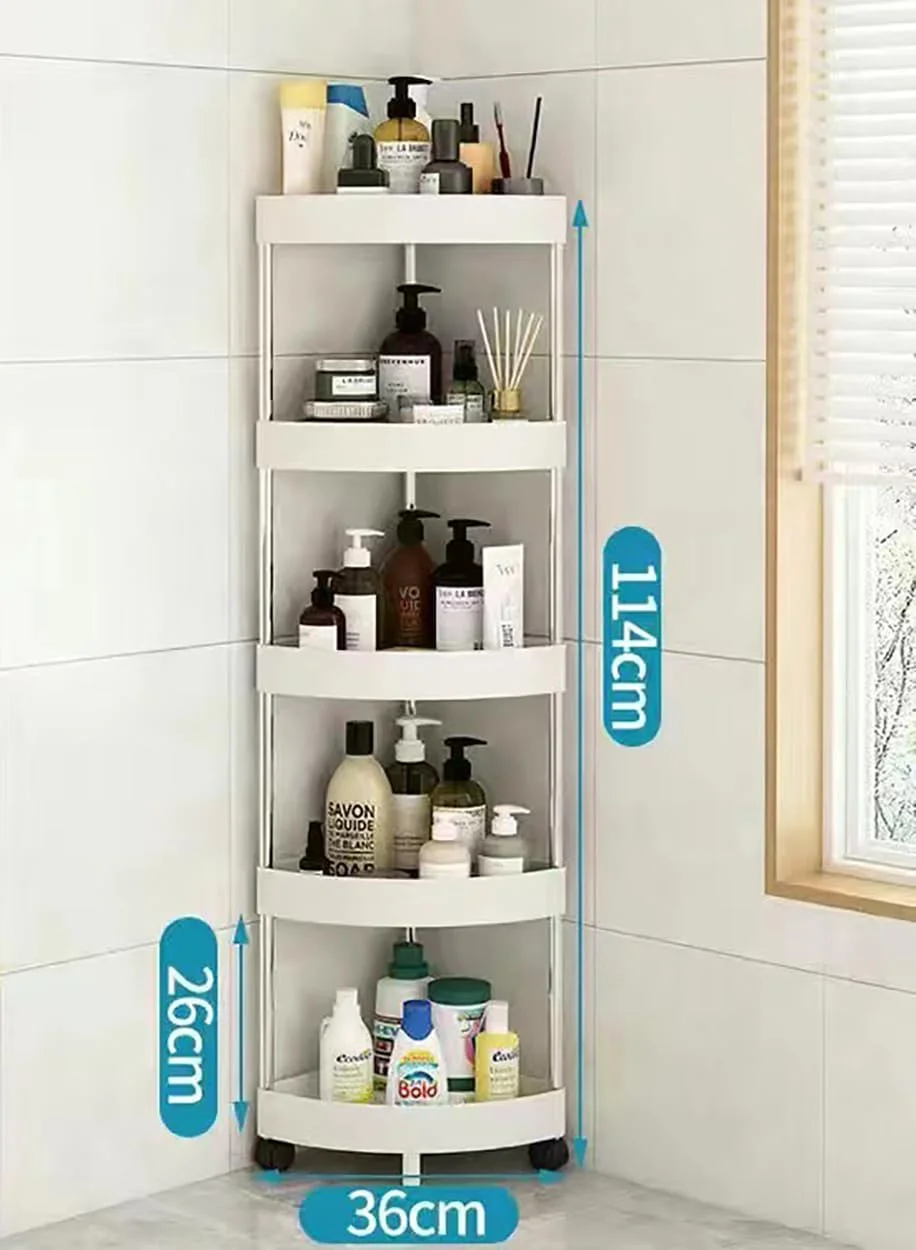 قفسه حمام گوشه ای 5 طبقه، قفسه چرخشی با چرخ، قفسه بزرگ ایستاده برای نگهداری لوازم حمام، مناسب برای دکوراسیون منزل، حمام و آشپزخانه (سفید)