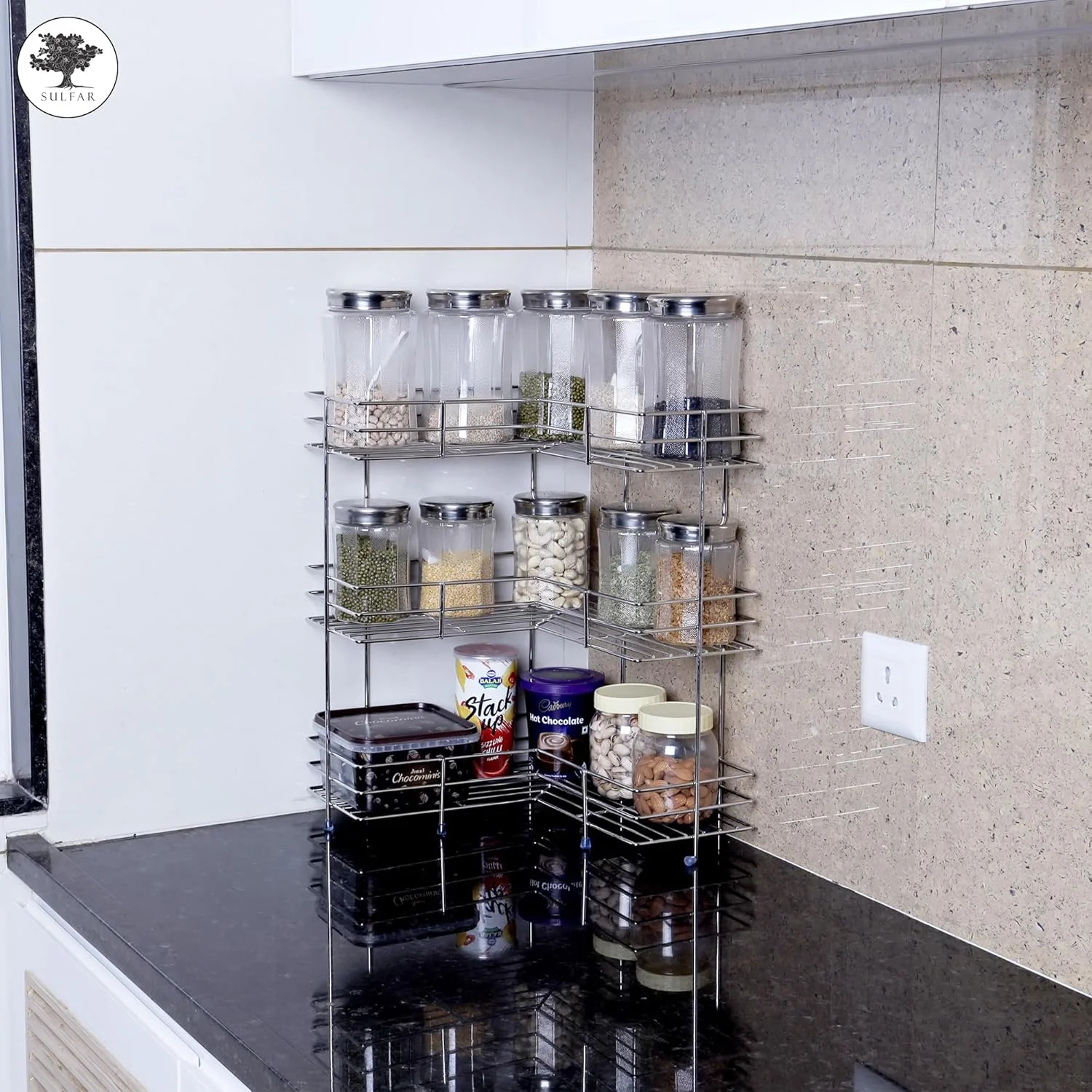 قفسه گوشه ای 3 طبقه استیل ضد زنگ سولفار | پایه نگهدارنده دیواری L شکل برای آشپزخانه و حمام - سازمان دهنده چند منظوره (1 عدد)