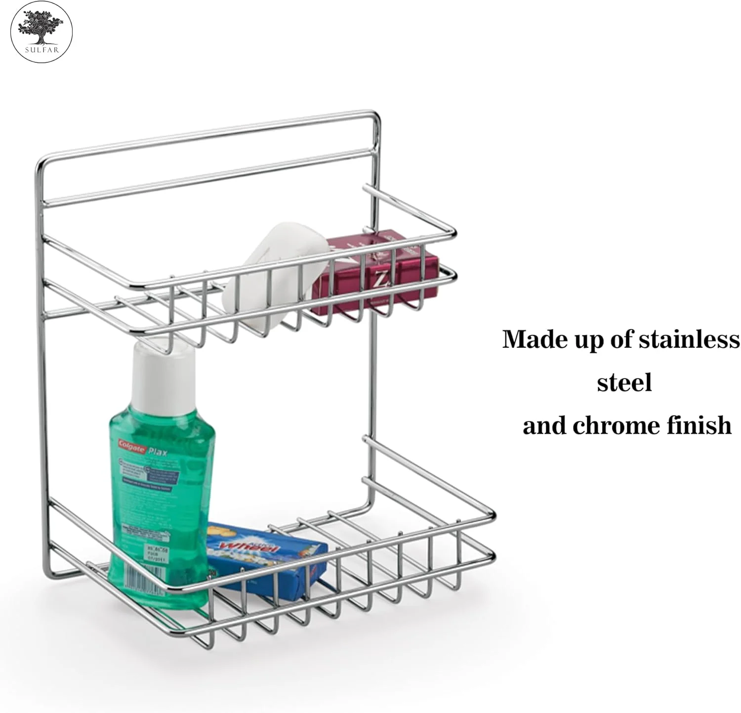 قفسه دیواری استیل سولفر | قفسه دو طبقه برای سازماندهی حمام و آشپزخانه | استند قفسه گوشه ای چسبی | روکش کروم