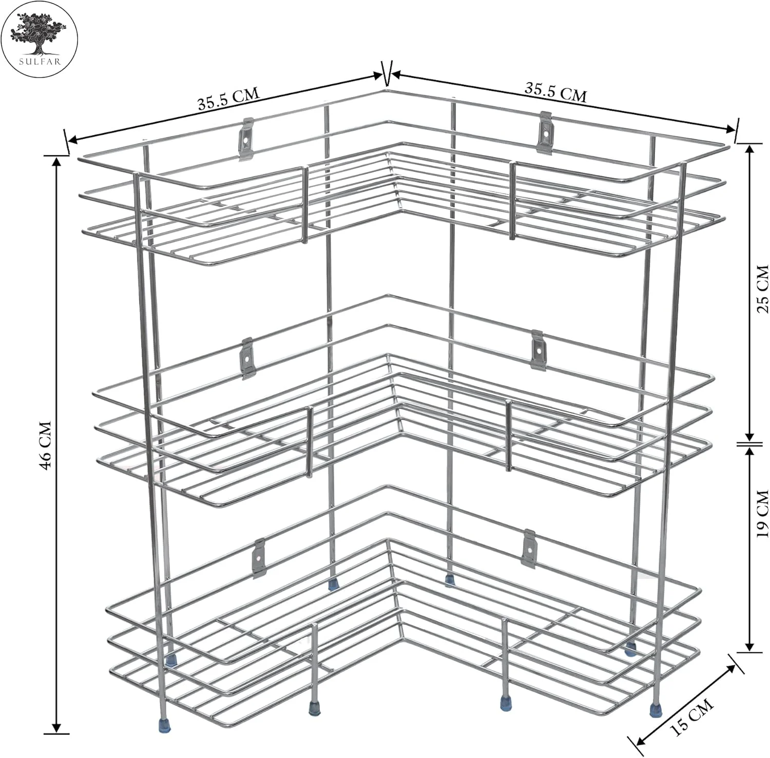 قفسه گوشه ای 3 طبقه استیل ضد زنگ سولفار | پایه نگهدارنده دیواری L شکل برای آشپزخانه و حمام - سازمان دهنده چند منظوره (1 عدد)