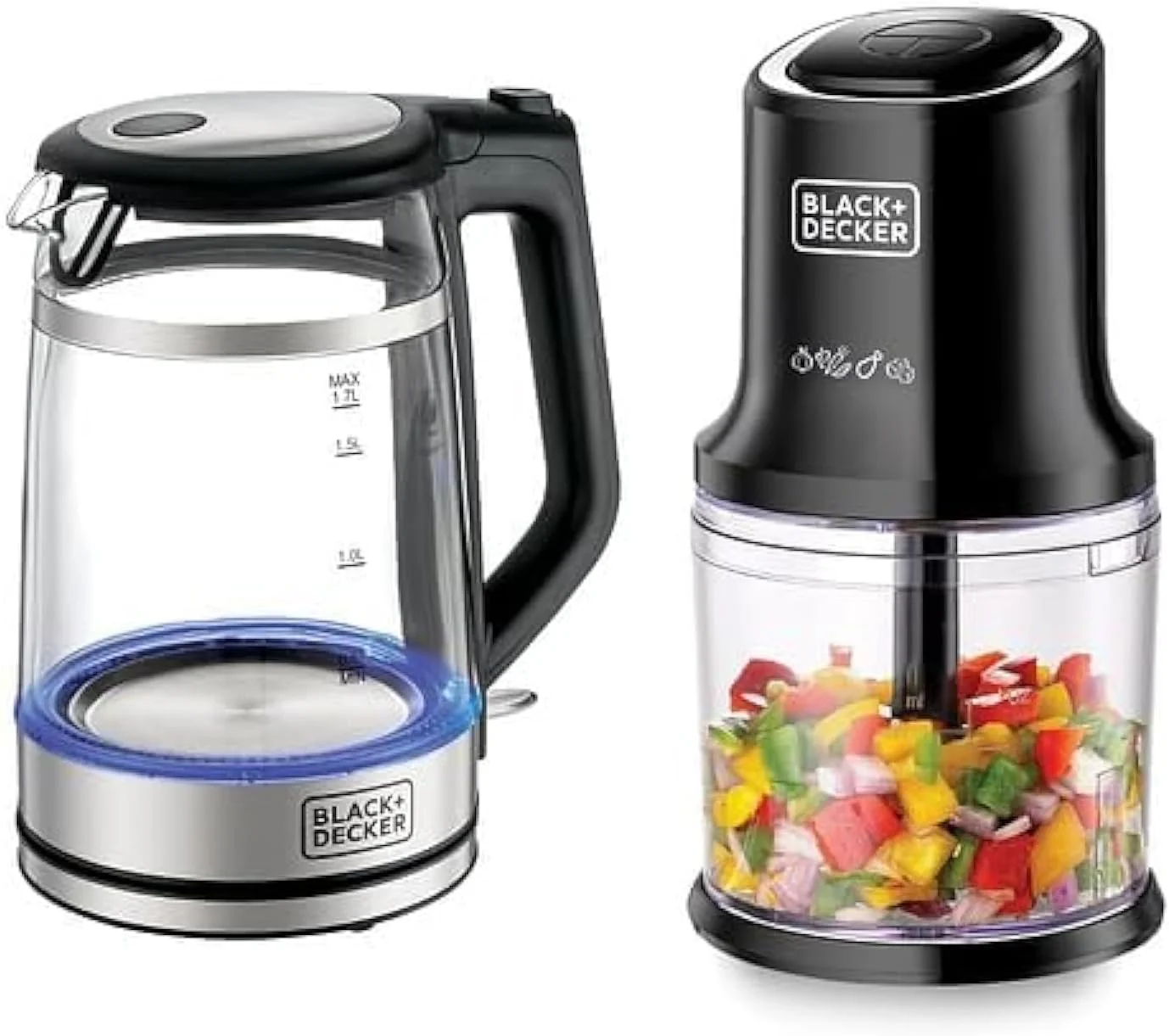 کتری شیشه ای دو جداره بلک اند دکر 1.7 لیتری 2200 وات مدل GK220-B5 + خردکن عمودی، 4 تیغه، 500 وات، 500 میلی لیتر مدل FC500-B5