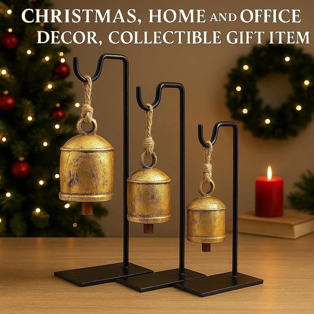 ست ۳ تایی زنگ های برنجی جامد طلایی گاوی هارمونی دست ساز عتیقه، زنگ های ممتاز با پایه فلزی، زنگ برای در، کریسمس، دکور خانه و دفتر، هدیه کلکسیونی