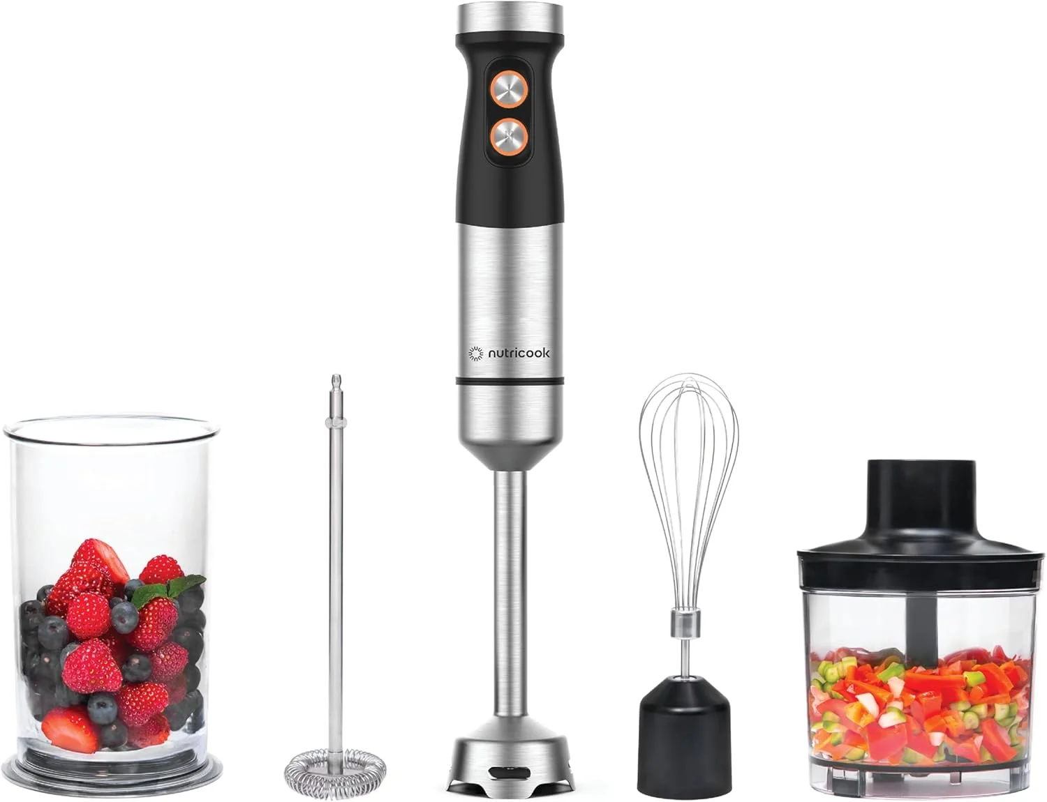 مخلوط کن دستی نوتری کوک با موتور 1200 وات DC به همراه ظرف 700 میلی لیتری، کاسه خردکن 500 میلی لیتری، تیغه های استیل ضد زنگ، همزن با 20 سرعت متغیر 4 در 1: مخلوط کردن، خرد کردن، هم زدن، کف زدن، مدل HB100ME