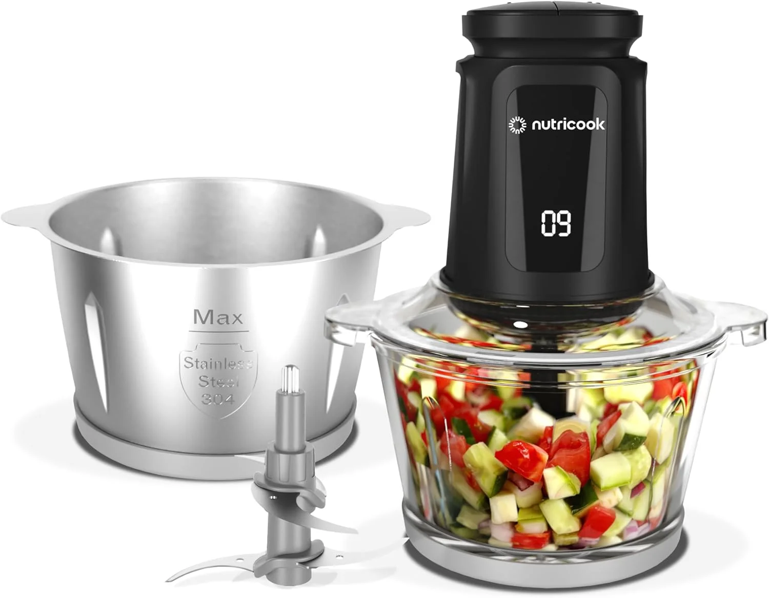 خردکن و آسیاب شیشه ای و استیل نوتری کوک با ظرفیت 2+2 لیتر XXXL، 500 وات - دارای عملکرد پالس و 2 سرعت، 2 تیغه 4 پره استیل جداشدنی برای خرد کردن، خرد کردن یخ، چرخ کردن گوشت، آسیاب کردن، پوره کردن و موارد دیگر - مشکی، NC-CH2000