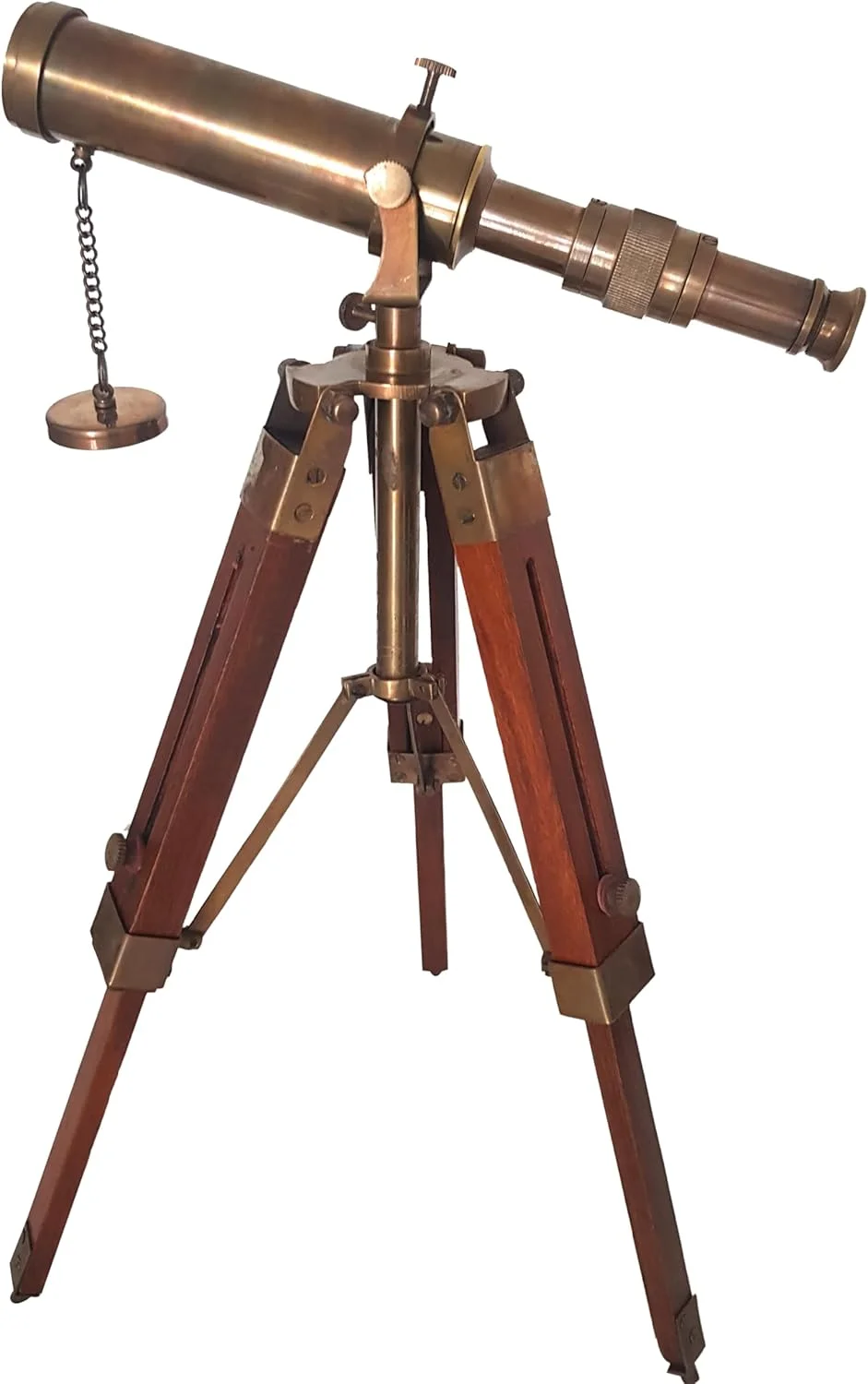 تلسکوپ عتیقه کلکسیونی با سه پایه دکوری برنجی رومیزی چوبی دریایی مناسب منزل و دفتر کار