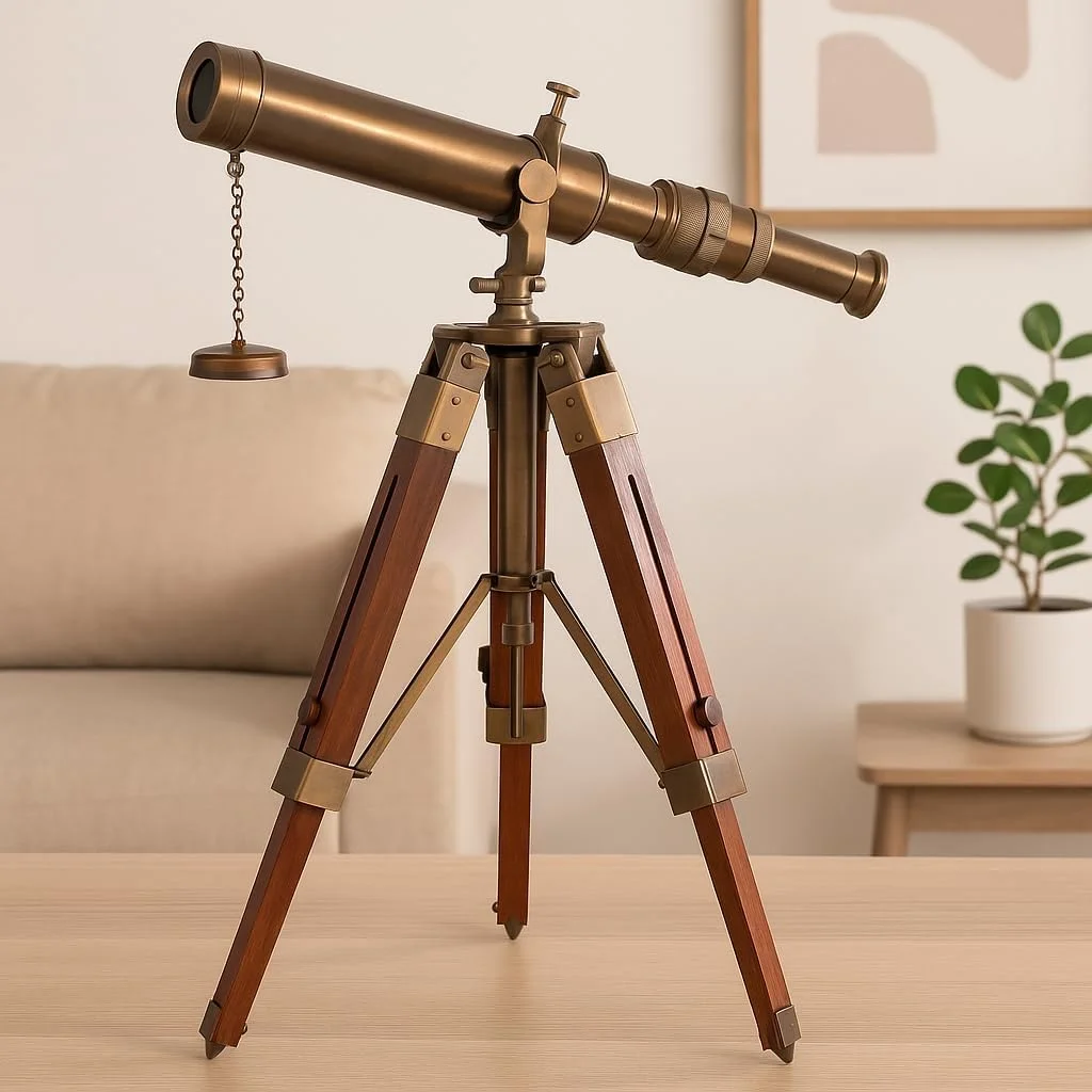 تلسکوپ عتیقه کلکسیونی با سه پایه دکوری برنجی رومیزی چوبی دریایی مناسب منزل و دفتر کار