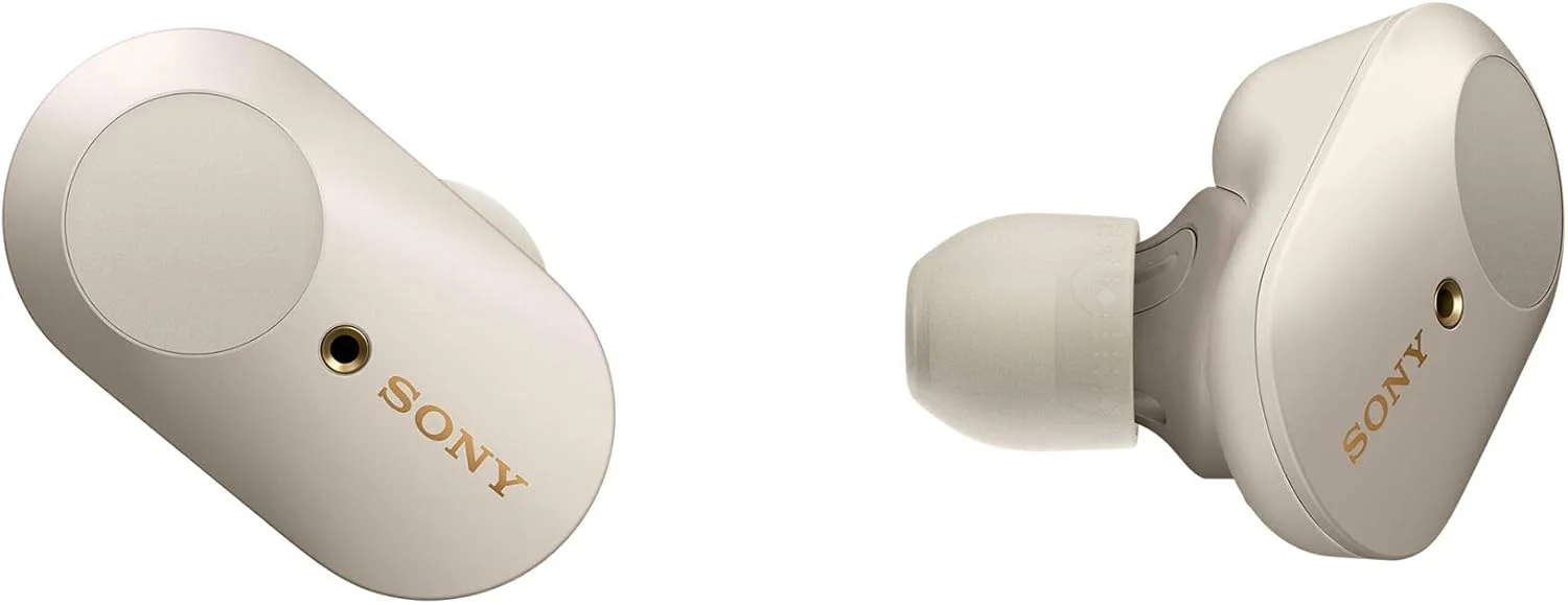 هدفون بی‌سیم حذف نویز سونی WF-1000XM3 با دستیار صوتی گوگل، الکسا، سیری، گوش دادن هوشمند، جعبه شارژ مغناطیسی و میکروفون برای تماس تلفنی، نقره‌ای