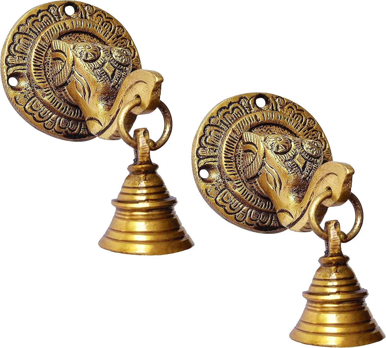 زنگ تزئینی دیواری و دری برنجی طرح صورت فیل (قهوه ای عتیقه) - بسته 2 عددی ساخت کالکتیبلز هندی