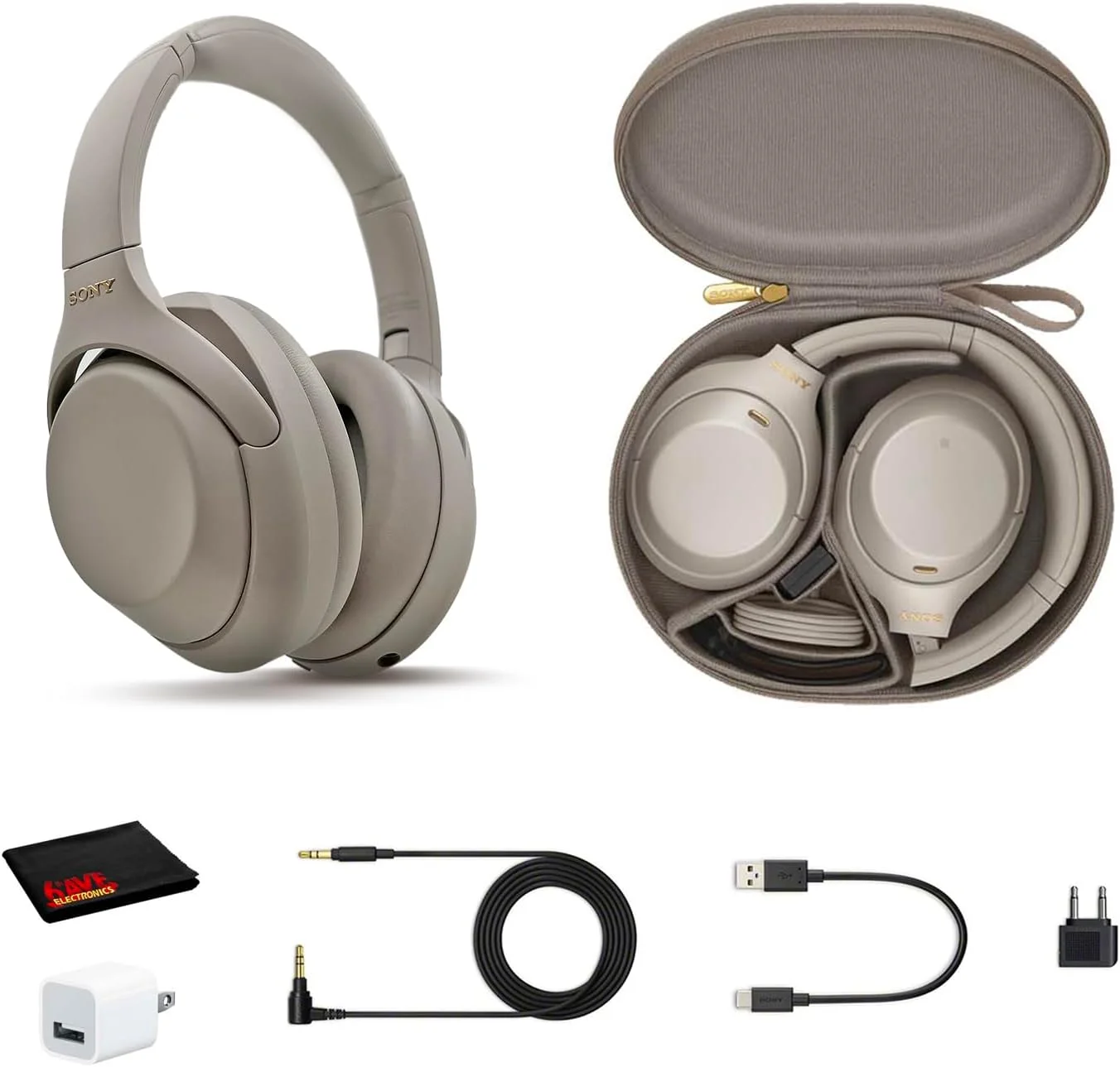 هدفون بی‌سیم دور گوشی حذف نویز سونی مدل WH-1000XM4 با میکروفون برای تماس تلفنی و کنترل صدا، نقره‌ای، به همراه آداپتور دیواری USB و پارچه تمیز کننده میکروفایبر - باندل