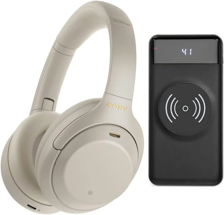 هدفون بی‌سیم دور گوشی حذف نویز سونی مدل WH-1000XM4 (نقره‌ای) به همراه پاوربانک بی‌سیم 10000 میلی‌آمپر ساعتی با نمایشگر LED (مشکی) (2 تکه)