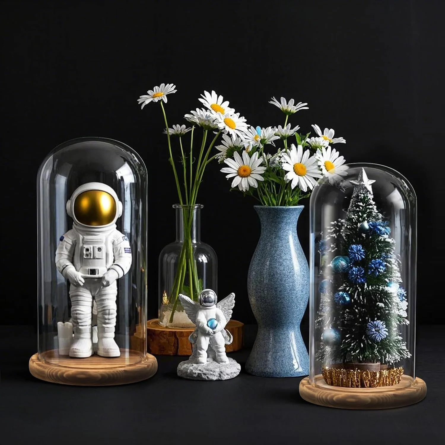 مجموعه 2 عددی پوشش شیشه ای زنگی شکل Mezchi، شیشه تزئینی بزرگ 10 اینچی، ویترین گنبدی شفاف با پایه چوبی قهوه ای تیره، برای گیاهان، مدال ها، عکس ها، کلکسیون های عتیقه، روز مادر