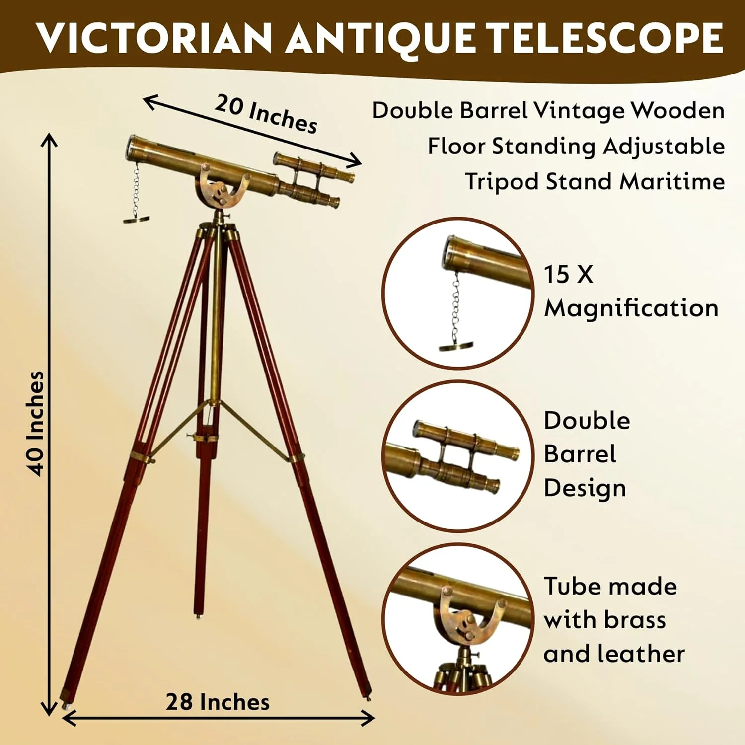 تلسکوپ عتیقه دریایی ویکتوریایی NAVIROCK با سه پایه، ارتفاع ۴۵ سانتی متر، تلسکوپ دریایی برنجی عتیقه کاربردی