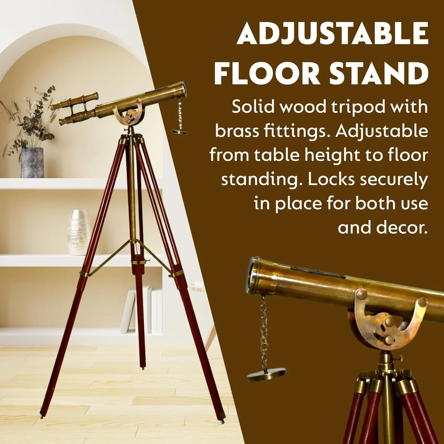 تلسکوپ عتیقه دریایی ویکتوریایی NAVIROCK با سه پایه، ارتفاع ۴۵ سانتی متر، تلسکوپ دریایی برنجی عتیقه کاربردی