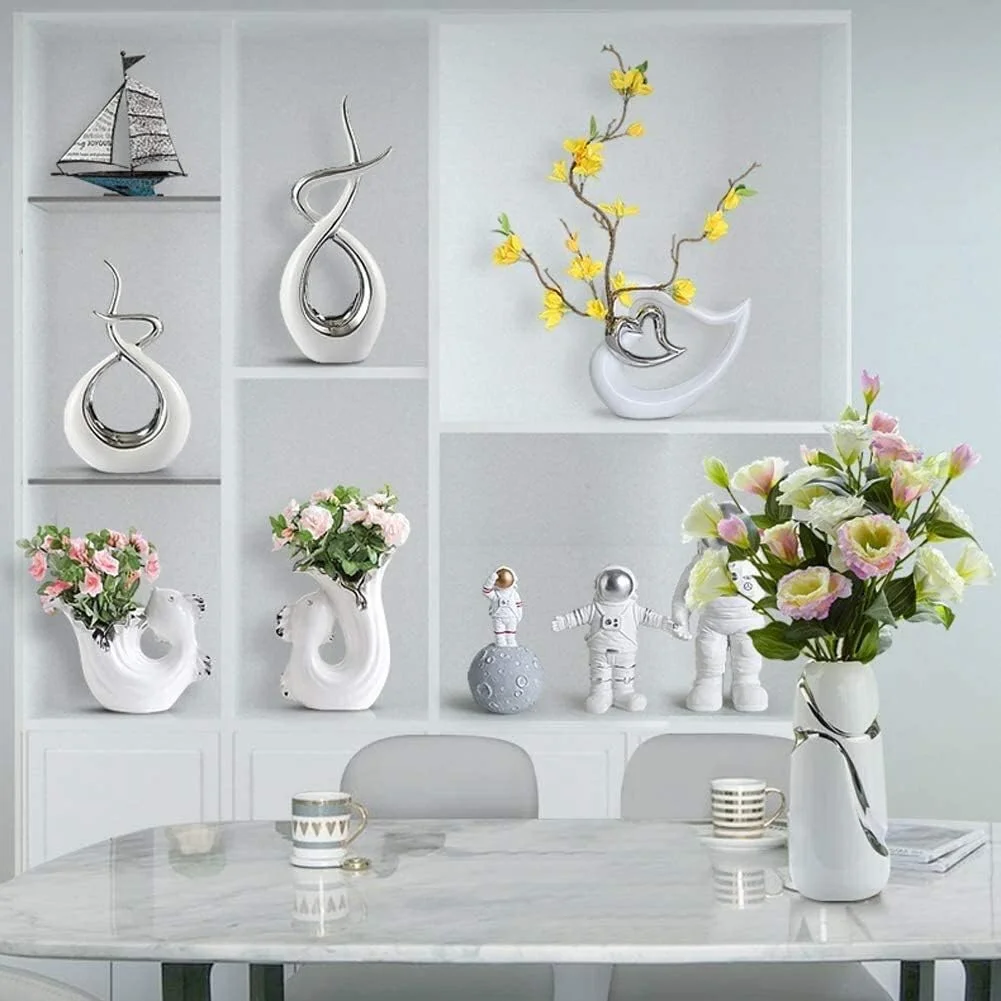 مجسمه تندیس کلکسیونی عتیقه صنایع دستی تزئینی مجسمه سرامیکی مدرن، دکوری نقره ای انتزاعی منزل، سرامیک تزئینی مجسمه های نقره ای