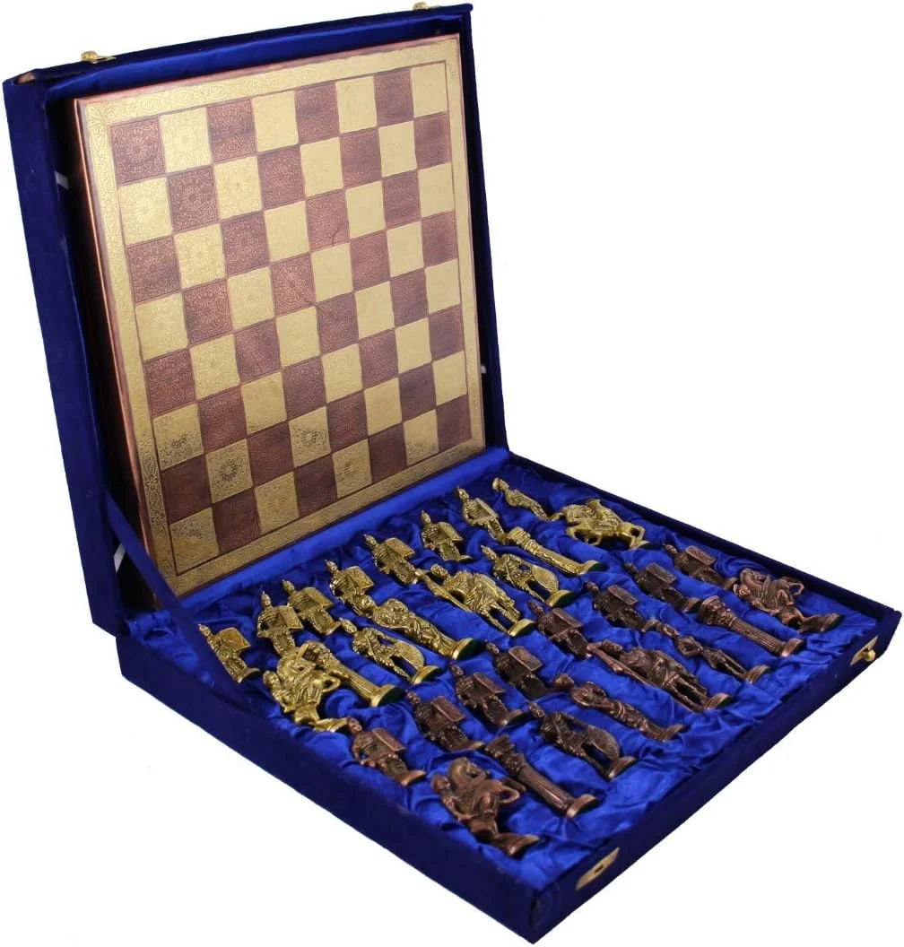 ست بازی شطرنج کلکسیونی عتیقه برنجی فلزی SHORO با جعبه