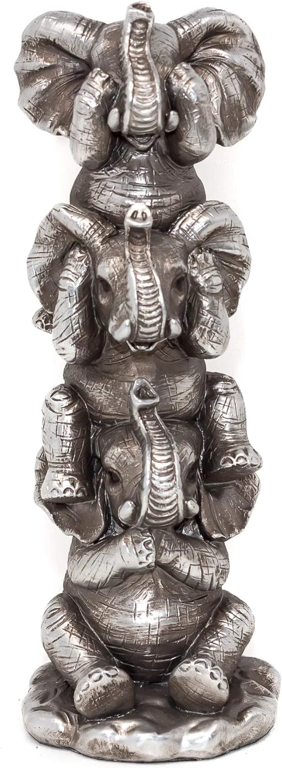 مجسمه سه فیل خردمند THORNE ANTIQUES AND COLLECTABLES - نبین، نشنو، نگو، دکوری خنده دار فیل های کوچک روی شانه (نقره ای)