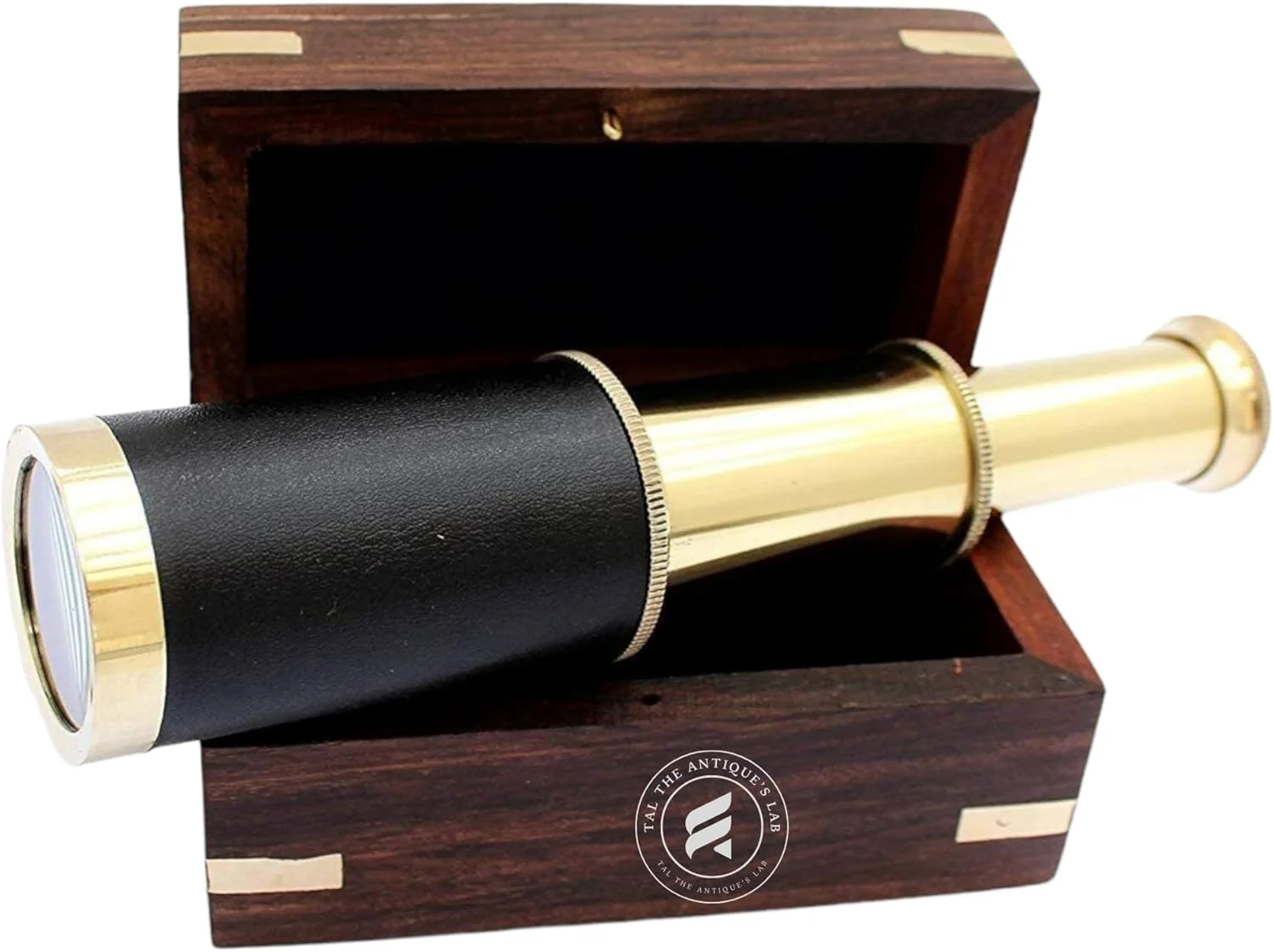 تلسکوپ دستی برنجی 6 اینچی آزمایشگاه عتیقه TAL با جعبه چوبی - دکوری کلکسیونی دوربین دریایی (مشکی و طلایی)