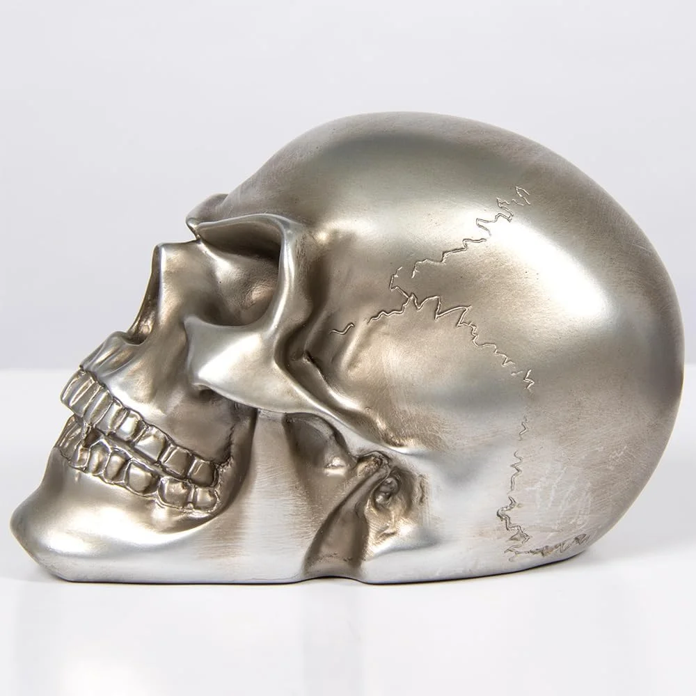 مجسمه سر اسکلت انسان، دکوری گوتیک منزل، 19.5 سانتی متر، انتخاب رنگ/پرداخت (نقره ای)
