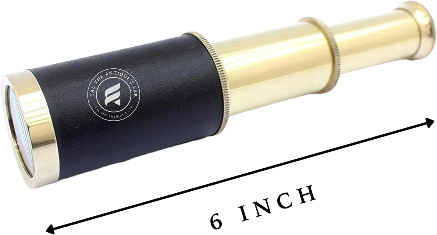 تلسکوپ دستی برنجی 6 اینچی آزمایشگاه عتیقه TAL با جعبه چوبی - دکوری کلکسیونی دوربین دریایی (مشکی و طلایی)