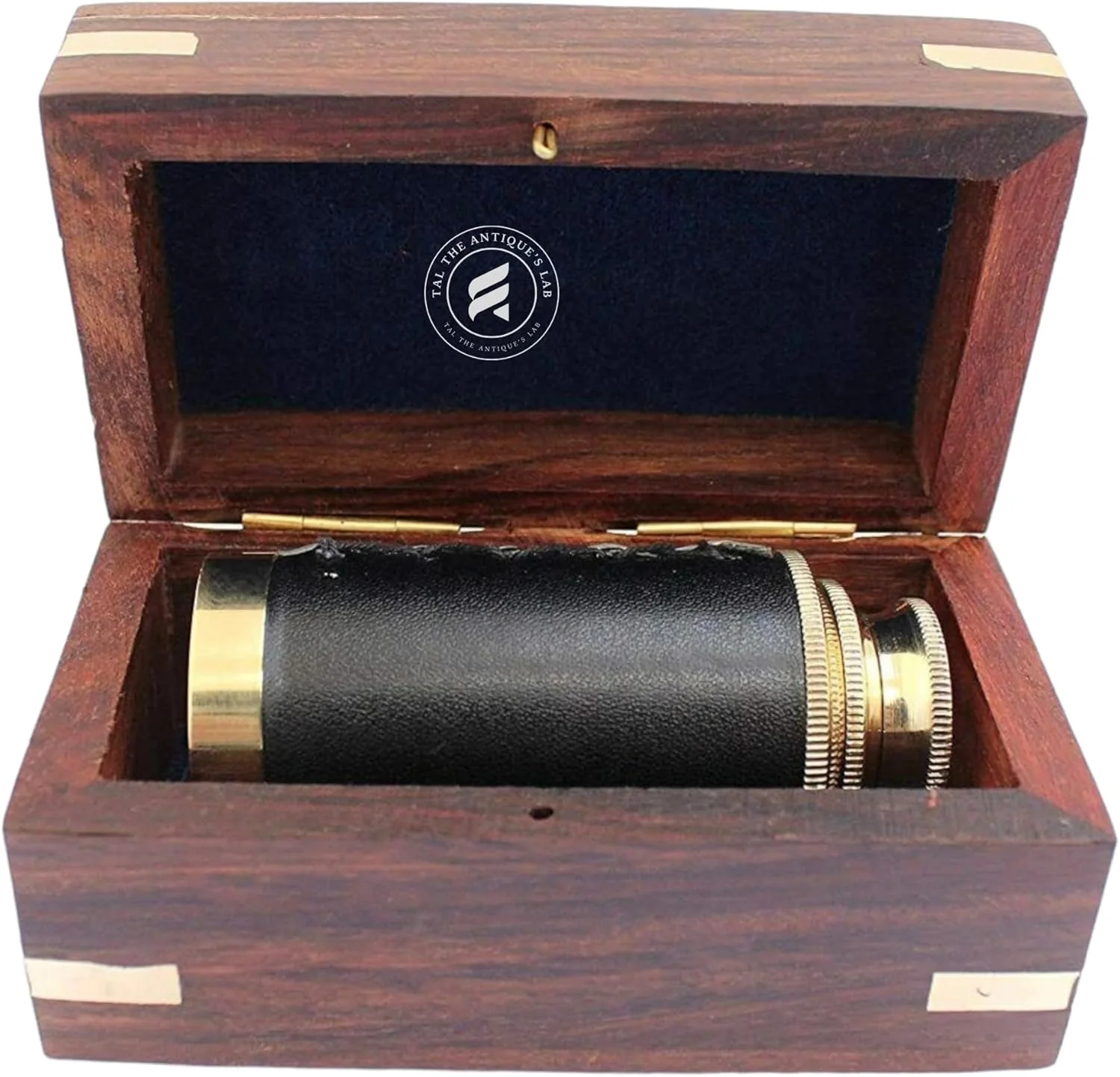 تلسکوپ دستی برنجی 6 اینچی آزمایشگاه عتیقه TAL با جعبه چوبی - دکوری کلکسیونی دوربین دریایی (مشکی و طلایی)