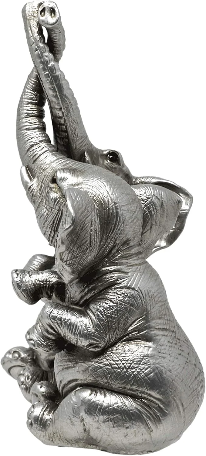 مجسمه فیل های عاشق - تزئینی فیل های آقا و خانم با خرطوم های در هم تنیده (نقره ای)